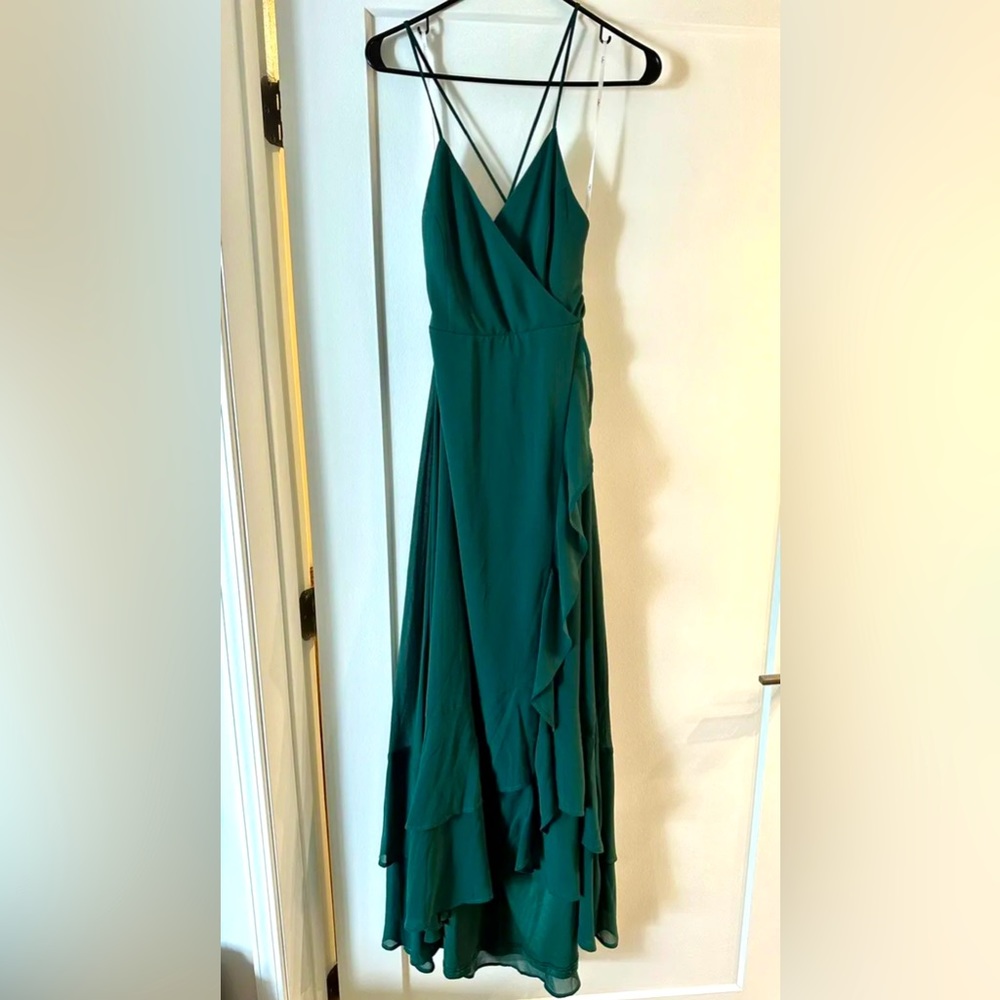 Lulu’s In Love Forever Emerald Green Lace-Up High-Low Maxi Dress Small